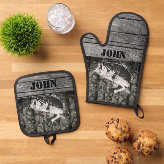 ベース素朴魚釣り名木材スポーツアウトドア迷彩柄 鍋つかみ&鍋敷きセット (トップダウン)