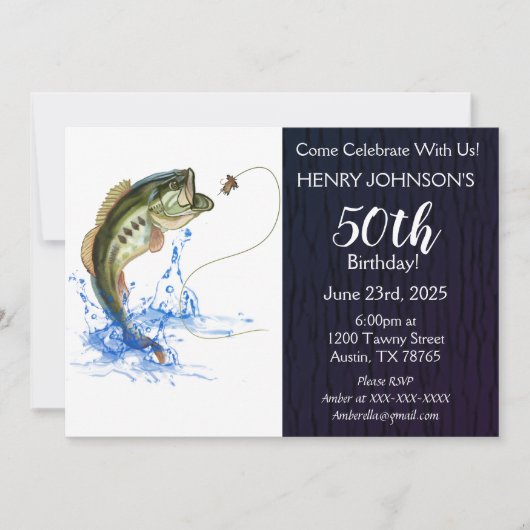 ベース魚釣りをテーマにした50誕生日 招待状 (正面)