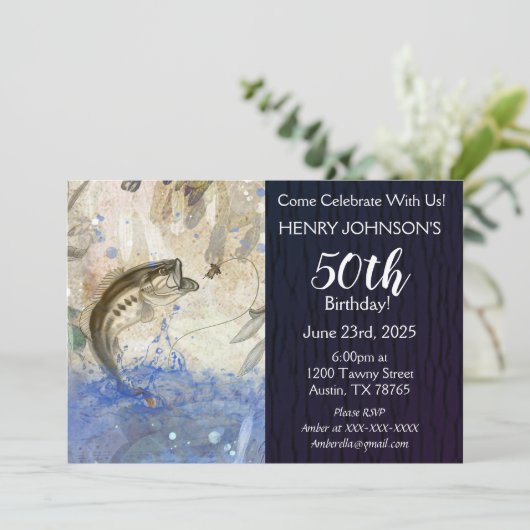 ベース魚釣りをテーマにした50誕生日 招待状 (スタンド正面)