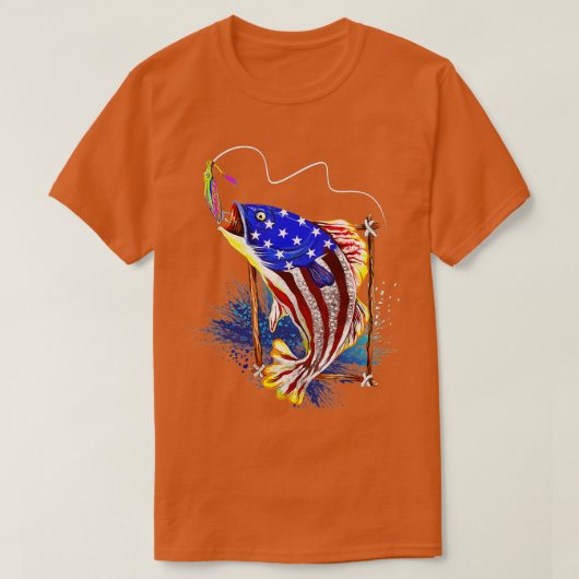 ベース魚釣りアメリカ国旗の魚の父親おもしろいの日 Tシャツ (デザイン正面)
