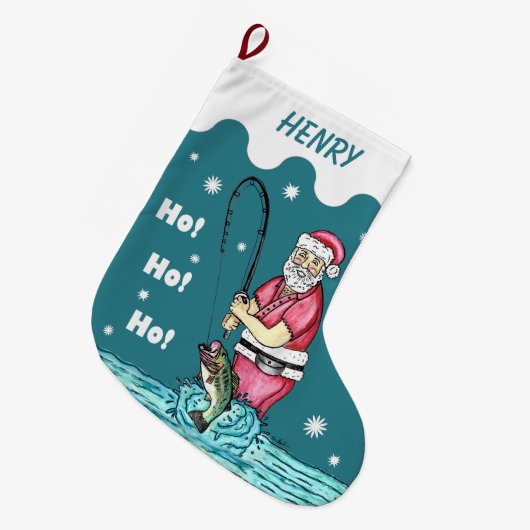ベース魚釣りサンタクロース ラージクリスマスストッキング (正面 (吊り時))