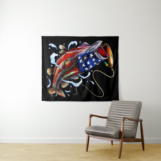 ベース魚釣りフィッシュアメリカンフラッグ愛国的魚釣り タペストリー (インサイチュ(横))