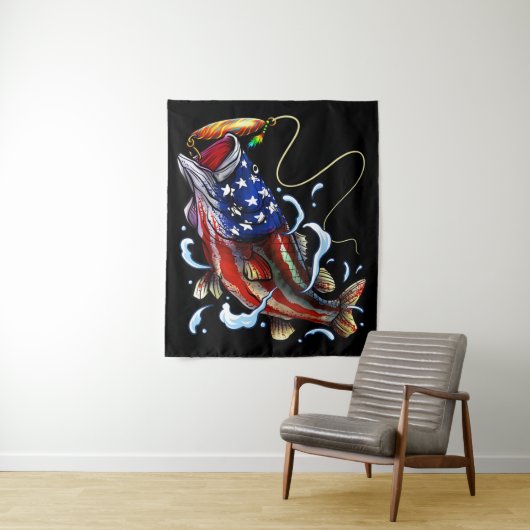ベース魚釣りフィッシュアメリカンフラッグ愛国的魚釣り タペストリー (インサイチュ)