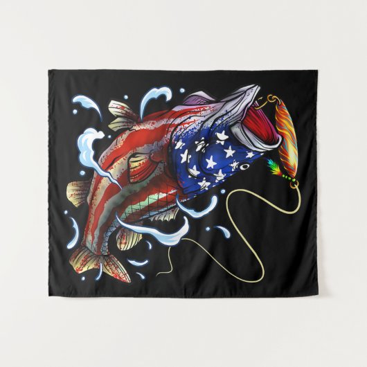 ベース魚釣りフィッシュアメリカンフラッグ愛国的魚釣り タペストリー (正面(横))