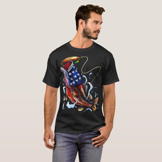 ベース魚釣りフィッシュアメリカンフラッグ愛国的魚釣り Tシャツ (正面フル)
