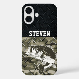 ベース魚釣りブラック迷彩柄ダイヤモンドプレートアウトドア iPhone 16ケース