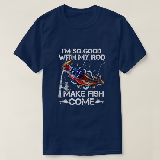 ベース魚釣りロッド魚釣りラバーフィッシュアメリカンフラグ Tシャツ (デザイン正面)