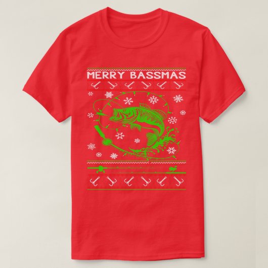 ベース魚釣り醜いクリスマスセーター Tシャツ (デザイン正面)