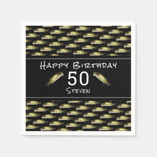 ベース魚釣り50th誕生日ブラックメンパーソナライズされた スタンダードカクテルナプキン (正面)