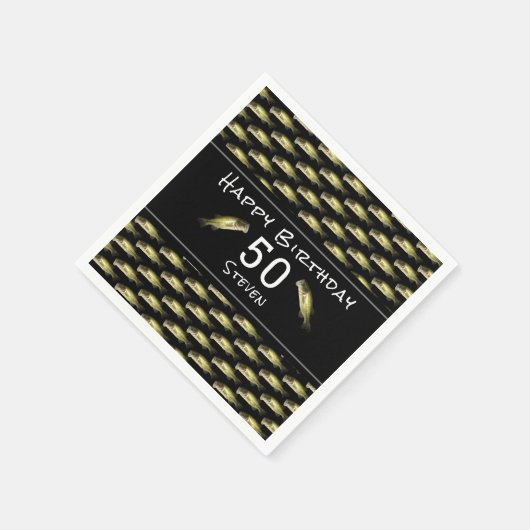 ベース魚釣り50th誕生日ブラックメンパーソナライズされた スタンダードカクテルナプキン (角)