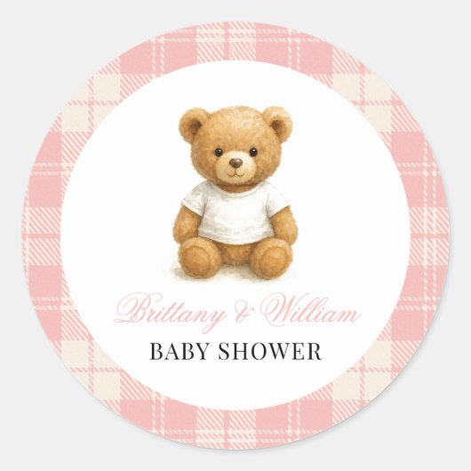 ベーモダンブ名門私立校風のピンクの格子模様の赤ちゃんシャワー ラウンドシール (正面)