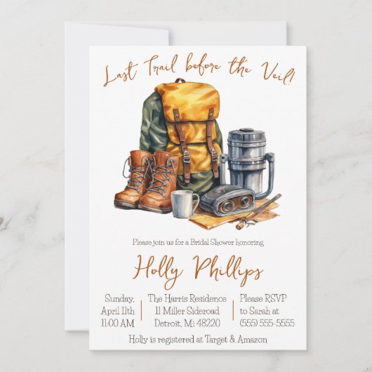 ベールの前の最後のトレイル!ハイキングブライダルシャワー 招待状 (正面)