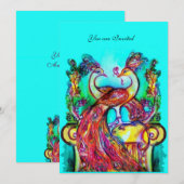 ペアのくじゃくが恋に落ちた 赤 ティール 緑 アクア ブルー ウェディング 招待状 (正面/裏面)