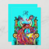 ペアのくじゃくが愛に満ちたモノグラム 赤 青 ターコイズ 緑 招待状 (正面/裏面)