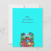 ペアのくじゃくが愛に満ちた 赤 青 ターコイズ グリーン 招待状 (裏面)