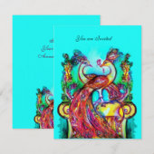 ペアのくじゃくが愛に満ちた 赤 青 ターコイズ グリーン 招待状 (正面/裏面)