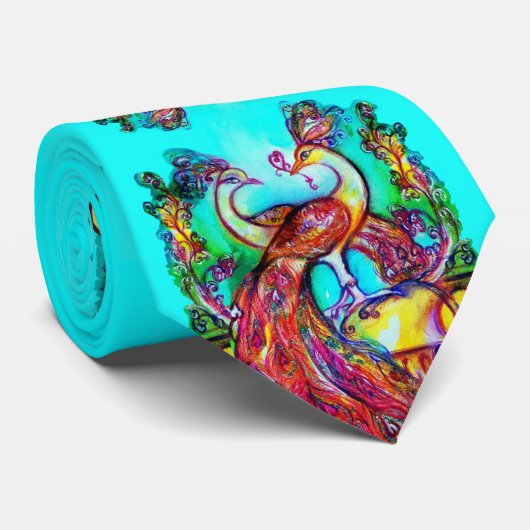 ペアの鳥が恋に落ちた 赤 青 ターコイズ 緑 花模様 ネクタイ (ロール)