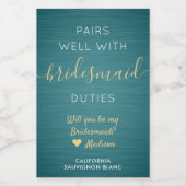 ペアウェル花嫁の提案ティール(緑がかった色)ブルー金ゴールドミニ ワインラベル (シングルラベル)