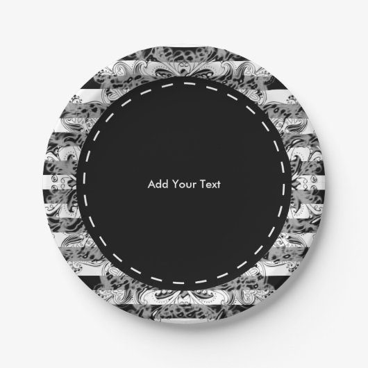ペイズリーおよび黒いストライプなパターン|白及び灰色 ペーパープレート (正面)