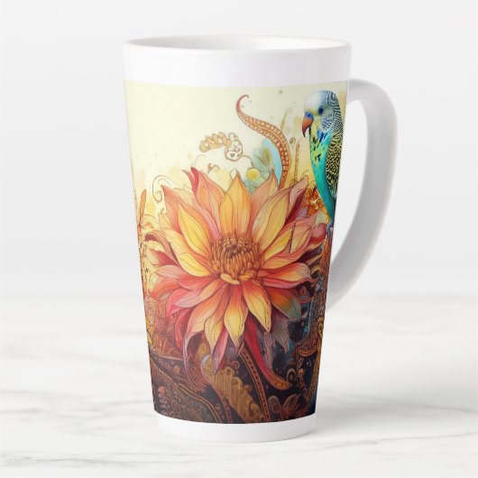 ペイズリーと花を持つ習慣的な青いインコ カフェラテマグ (右アングル)