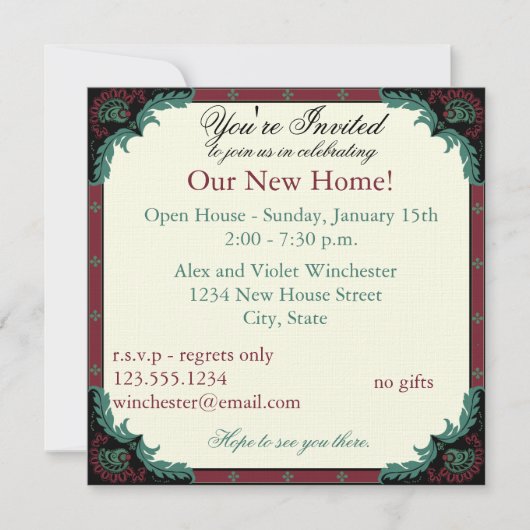 ペイズリーのオープンハウスか引っ越し祝いパーティーのパーティー 招待状 (正面)