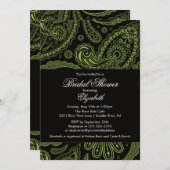 ペイズリーのブライダルシャワーの招待状の淡黄緑の黒 招待状 (正面/裏面)