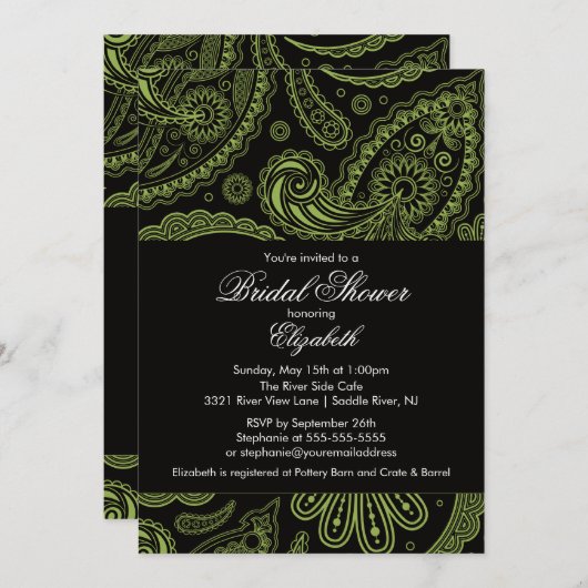 ペイズリーのブライダルシャワーの招待状の淡黄緑の黒 招待状 (正面/裏面)