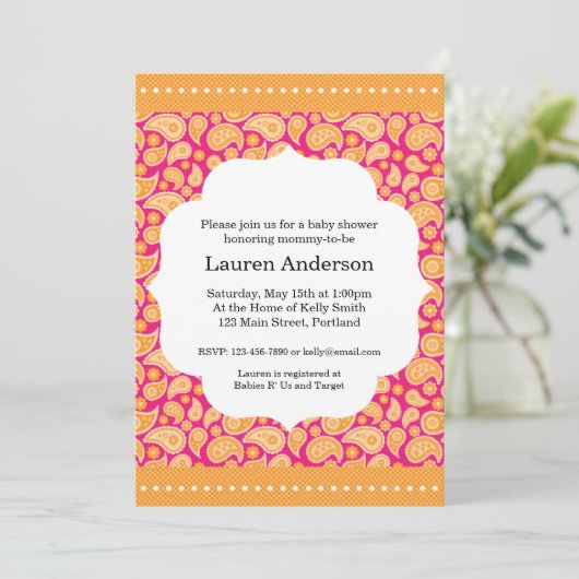 ペイズリーのベビーシャワーの招待状-オレンジ 招待状 (スタンド正面)