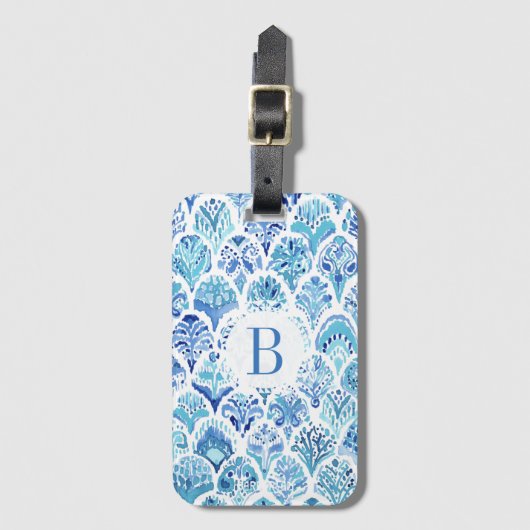 ペイズリーの人魚の青い水彩画の魚スケール ラゲッジタグ (正面縦)
