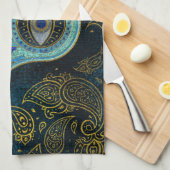 ペイズリーの背景が付いているHamsa装飾的な手 キッチンタオル (四つ折り)