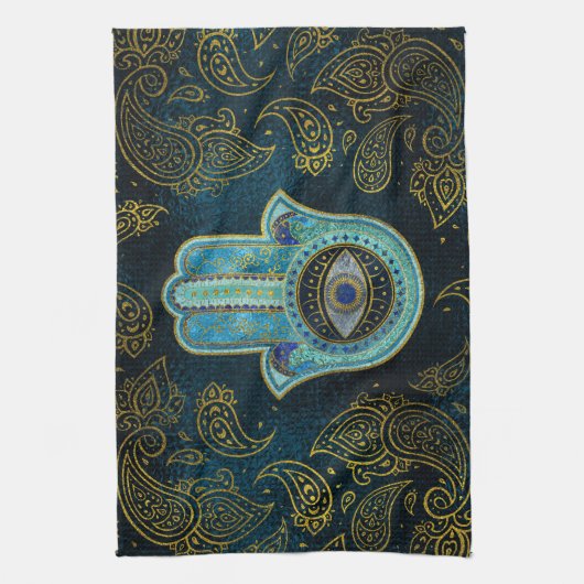 ペイズリーの背景が付いているHamsa装飾的な手 キッチンタオル (縦)