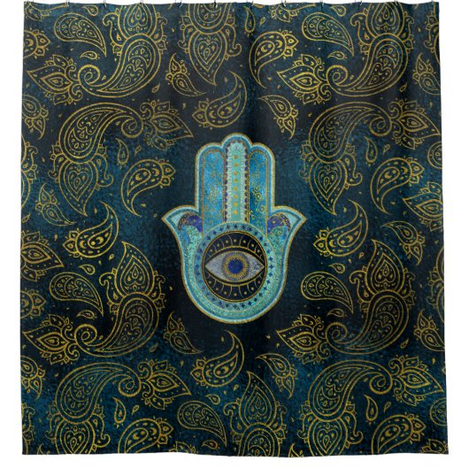 ペイズリーの背景が付いているHamsa装飾的な手 シャワーカーテン (正面)