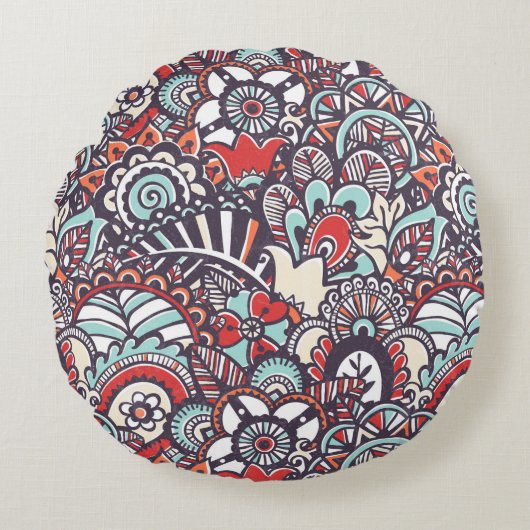 ペイズリーの花の落書きパターン ラウンドクッション (正面)