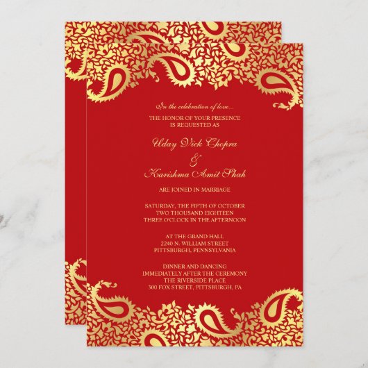 ペイズリーの赤い結婚式の平らな招待状 招待状 (正面/裏面)