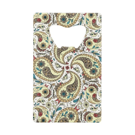 ペイズリーの鳥は黄色、茶色、白 クレジットカード栓抜き (正面)