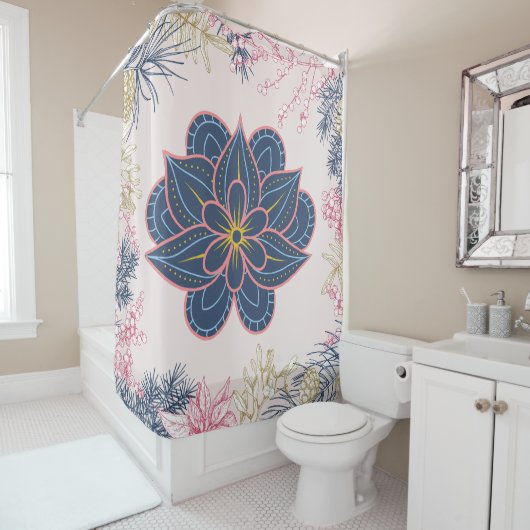 ペイズリーアート、青と紫のグラフィックアート シャワーカーテン (インサイチュ)