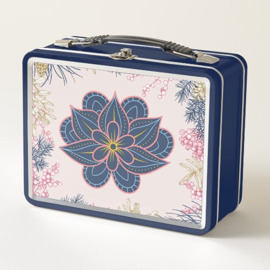 ペイズリーアート、青と紫のフローラ メタルランチボックス (正面)