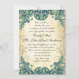 ペイズリーエレガントピーコックブルーグリーンと金ゴールド マグネット招待状