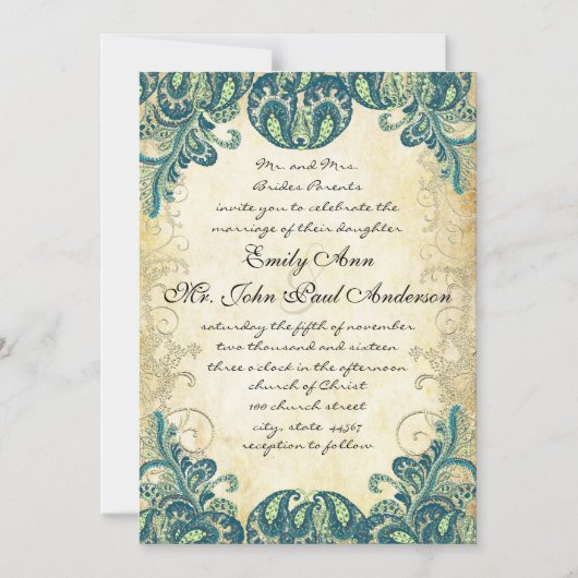 ペイズリーエレガントピーコックブルーグリーンと金ゴールド マグネット招待状 (正面)