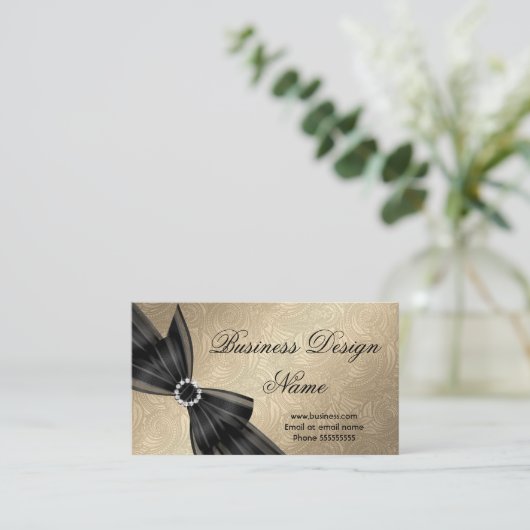 ペイズリーエレガントブラウン金ゴールドブラックダイヤモンドボウ 名刺 (スタンド正面)