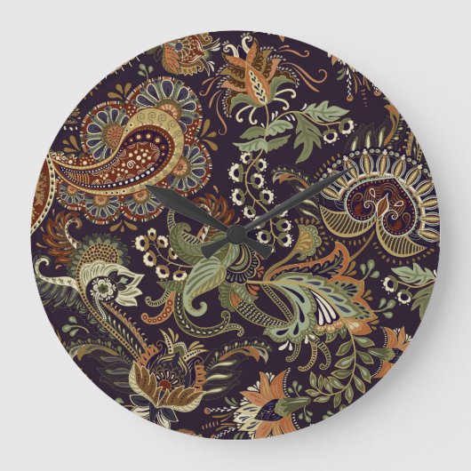 ペイズリーカラフル織物:民族ヴィンテージデザイン ラージ壁時計 (正面)