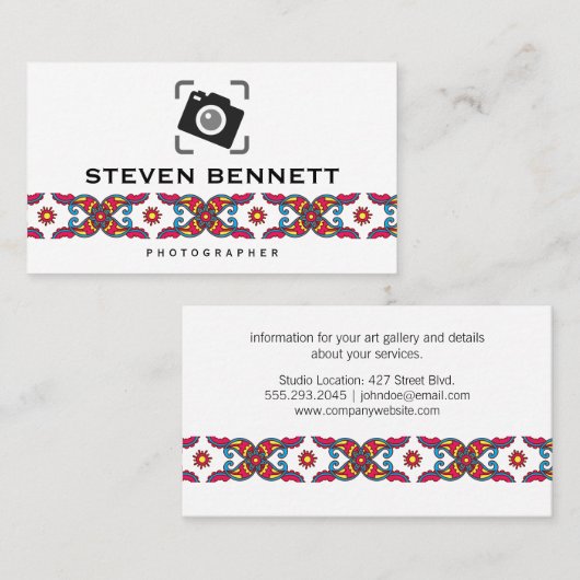 ペイズリーカラフル花 |写真カメラアイコン 名刺 (正面/裏面)