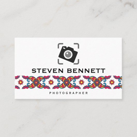 ペイズリーカラフル花 |写真カメラアイコン 名刺 (正面)