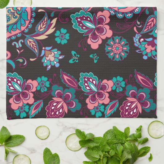 ペイズリーストライプ:黒い装飾シームレス キッチンタオル (折り畳み)