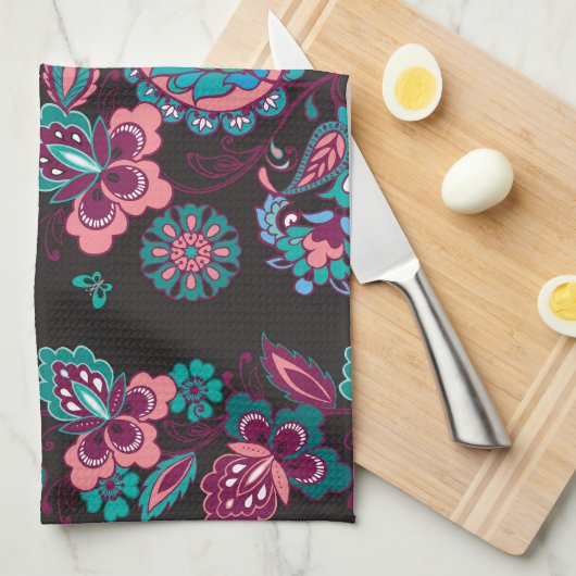 ペイズリーストライプ:黒い装飾シームレス キッチンタオル (四つ折り)