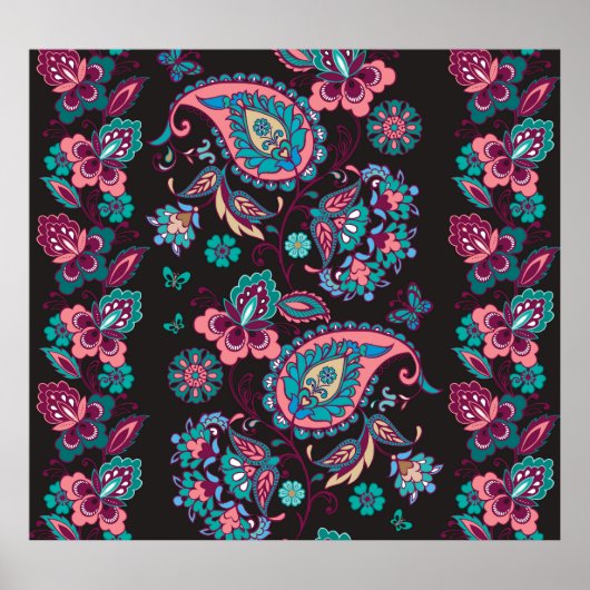 ペイズリーストライプ：黒い装飾シームレス ポスター (正面)