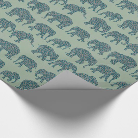 ペイズリーゾウの列のセージ緑のギフトラップ ラッピングペーパー (角)