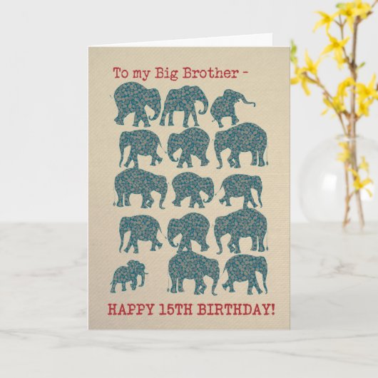 ペイズリーゾウ15番目の誕生日カード、ビッグブラザー カード (黄色い花)
