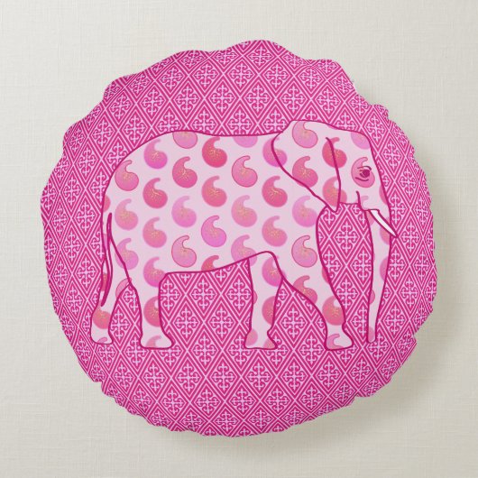ペイズリーゾウ – アイスピンクと明るい赤紫色 ラウンドクッション (裏面)