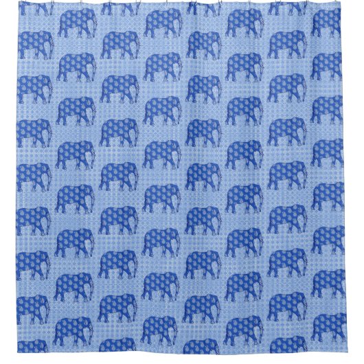 ペイズリーゾウ – コバルトブルーとホワイト シャワーカーテン (正面)